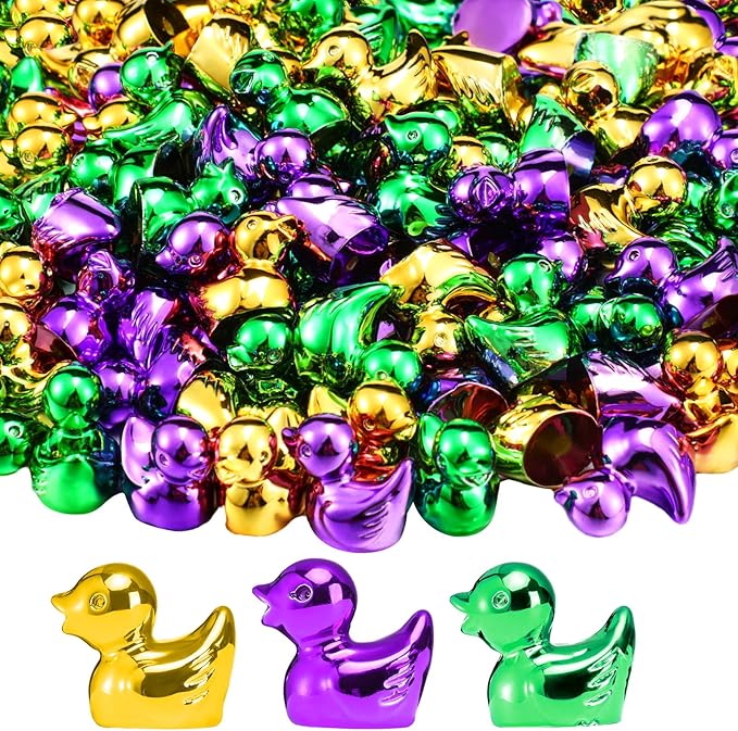 100 Pcs Shiny Mardi Gras Mini Duck Figures Colorful Mardi Gras Duck Decor Micro Landscape Aquarium Garden Hide and Seek Carnival Decoration Charm for Party Gift(Green, Gold, and Purple)