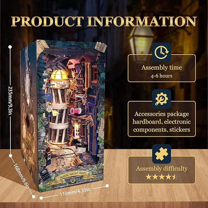 Book Nook with LED Light - 3D Puzzles for Adults, DIY Miniature House Kit, Exquisite Bookshelf Decor, Book Shelf Decor, Perfect, Dollhouse Magic Book Nooks-Magic Night Alley