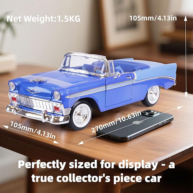 1956 Chevrolet Bel Air 1/18 Scale Die-Cast Metal Model Premium Classic Vintage Alloy Cars with Display Case, with Opening Doors, Best Gift for Men, Dad 14+ Years (Blue)