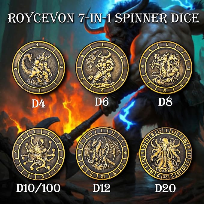 7 in 1 Unique Spinner DND Dice Set D&D, Metal Cube D and D Dice with Gift Box, Dungeons Dragons Role Playing Dice, Black Gold