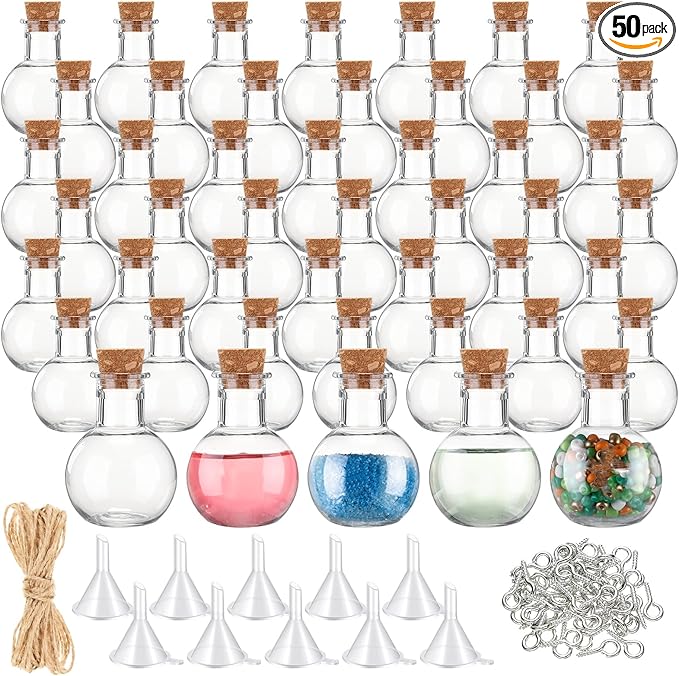 Bokon 1oz Plastic Mini Potion Bottles with Corks, Small Sand Art Jar Tiny Clear Liquor Bottles Bulk Wishing Vial for Birthday Halloween Valentines Party Favor DIY Craft(1.4x1.8 Inch,Round,50 Pack)