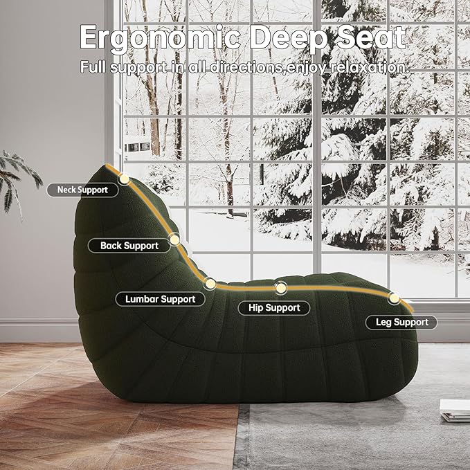 Memory Foam Bean Bag Chair for Adults, Teddy Material Beanbag Sofa with Filler, Cozy Floor Lounge Seat for Living Room, Bedroom, Dorm, Office (Green)