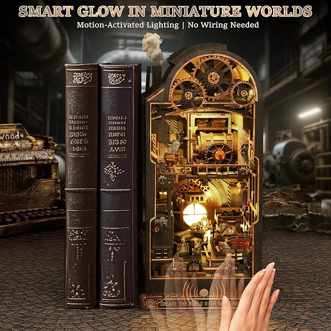 CRIOLPO Book Nook Kit - DIY Miniature House with Sensor LED 3D Wooden Doll House Bookshelf Insert for Adults Creative Gift for Book Lovers and Family - Machinic Throb