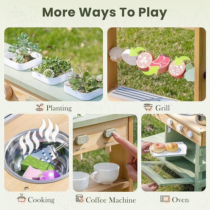 ROBOTIME Mud Kitchen for Kids, Outdoor Wooden Playset with Mud Kitchen, Sink, BBQ Grill, Coffee Maker, Planting Area & Oven, Pretend Play Kitchen for Outdoor Fun Ages 3+