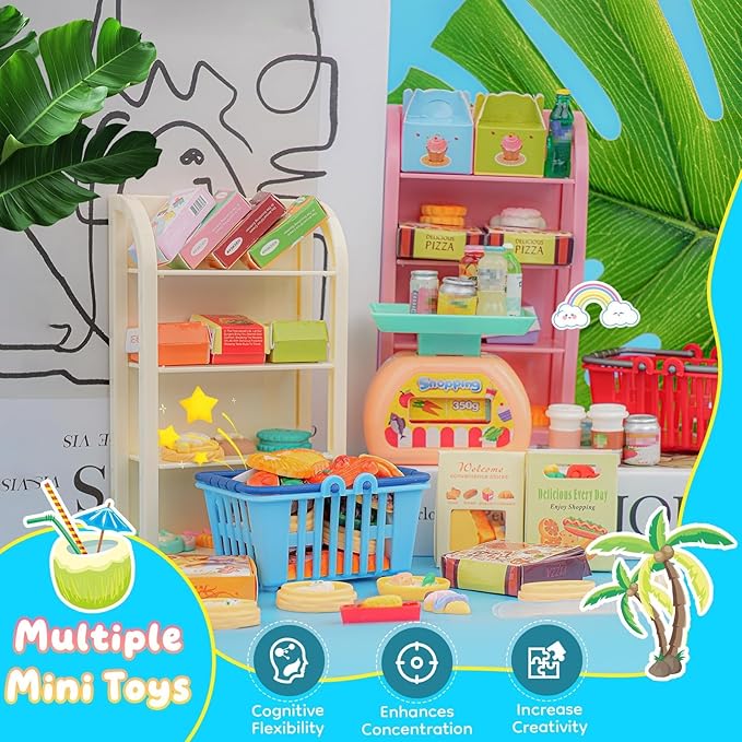 196Pcs Mini Shopping Cart Basket Trolley Grocery Game Model Miniature Drink Bottle Food Pizza with Box Supermarket Metal Handcart Toy Doll House Store Cosplay Pretend Kitchen Shelf Cash Register