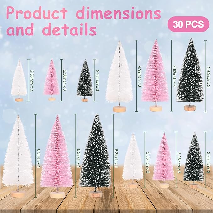 Waipfaru Pink Christmas Decorations, 30 Pcs Mini Bottle Brush Christmas Trees, Miniature Small Pine Trees for Xmas Tabletop Crafts Indoor Table Home Decor (Pink & White)