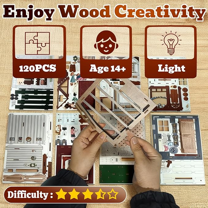 3D Wooden Puzzles Book Nook Kits for Adults Miniature House Building Kits, DIY Tiny Wooden Crafts Model Bookshelf Decor with LED Lights, Gifts for Family, Friends, Christmas(Coffee Shop)
