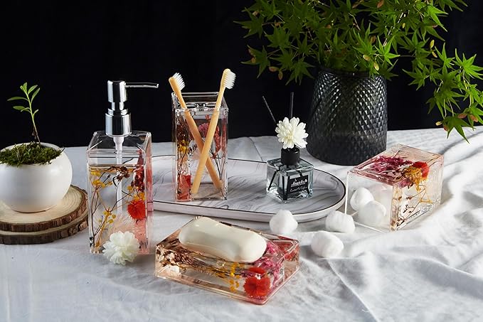 Locco Decor 4 Piece Acrylic Liquid 4D Floating Motion Bathroom Vanity Accessory Set Garden Botanic Pink Plants Toothbrush Holder, Tumbler, Soap Dispenser, Soap Dish