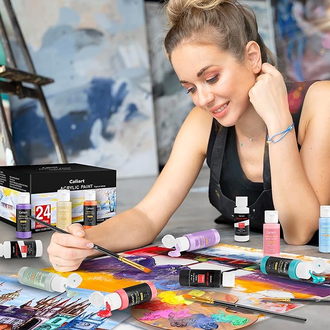 Caliart Black Acrylic Paint with 12 Brushes, Pack of 24, Art Craft Paints (2 oz/Bottle), Canvas Ceramic Wood Eggs Rock Painting Kit, Art Supplies for Adults Artists Painters