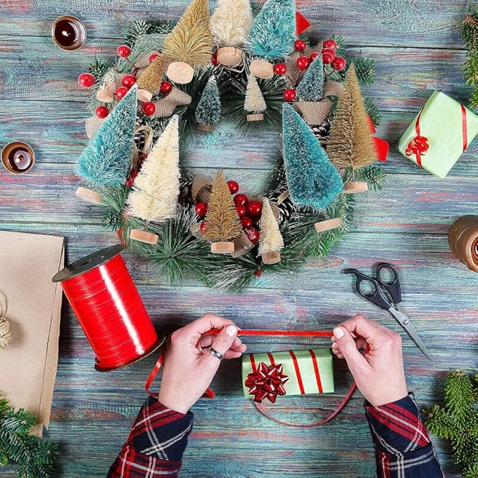 Yahpetes Christmas Tree 24 Pcs Artificial Christmas Trees Miniature Pine Trees 4 Sizes Sisal Trees with Wood Base Bottle Brush Trees for Crafting Displaying Decoration(Blue-Green,White,Gold, 24Pcs)