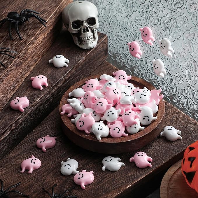 Giegxin 60 Pcs Halloween Miniatures Ghost Charms Flatback Mini Ghost Decoration Small Artificial Halloween DIY Craft for Party Dollhouse Hair Clips Vase Fillers Accessories(Pink,1.1 Inch)