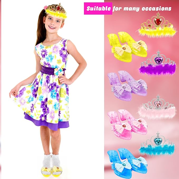8 Pcs Princess Dress Up Set Includ 4 Pairs Heels Shoes 4 Crown for Little Girls Princess Role Play Toddler Pretend Birthday Gifts Princess Party Favor