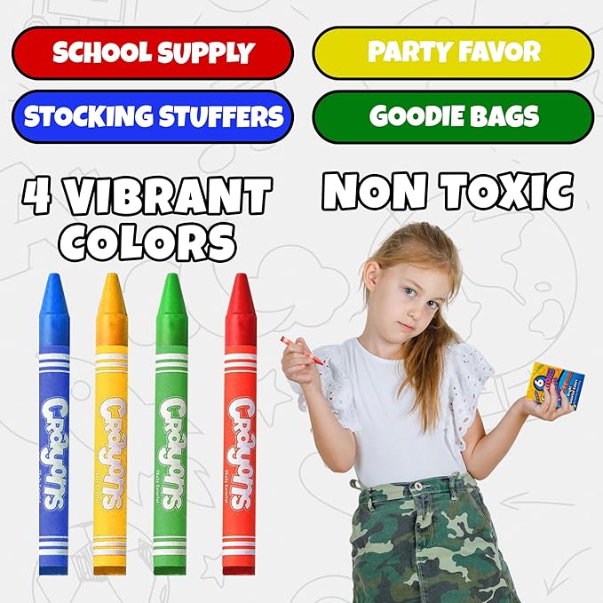Bedwina Bulk Crayons - 96 Crayons - (Box of 24 Packs) - 4 - Per Pack, Premium Bright Colors for Kids and Toddlers, Non-Toxic for Coloring, Party Favors, Restaurants, Goody Bags, Stocking Stuffers