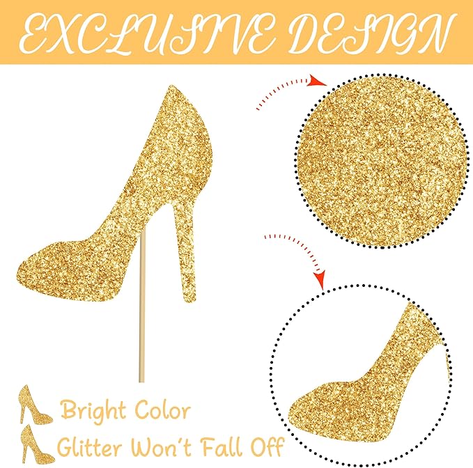 Glitter Gold High Heel Ccenterpiece Sticks Birthday Party Wedding Party Suppliesns 12PCS Stiletto Heels Table Toppers Shoes Table Decorations for Women Bachelorette Party Decor