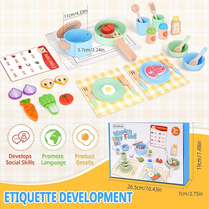 Wooden Play Food Kids Cooking Sets, Play Kitchen Accessories Pretend Play Toys for Toddlers, Kids Kitchen Playset Including Play Dishes, Pot and Pan, Utensils, Gift for Girls Boys 3 4 5 Years Old