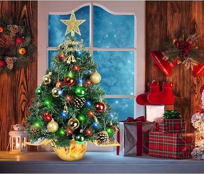 AGIRL Tabletop Christmas Tree 22 Inch Mini Artificial Christmas Tree with 30 LED String Lights, Star Tree, Tabletop Small Xmas Tree for Holiday Indoor DIY Christmas Decor