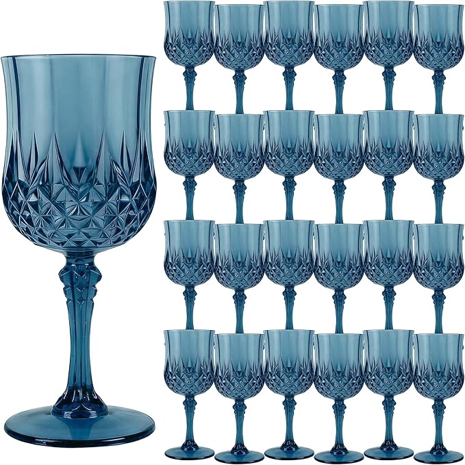 LEYIQU Plastic Wine Glasses, Plastic Goblets Vintage Style Cordial Drinking Glasses for Valentine’s Day, Wedding Reception, Grand Event Party Supplies (24, Navy Blue)