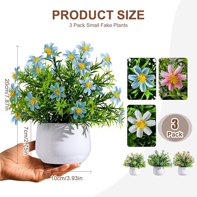 Yarmare 3 Pack Small Fake Plants Artificial Potted Flowers for Indoor Mini Faux Plants with Flowers Greenery for Home Decor Living Room Bathroom Bedroom Office Table Shelf (White+Pink+Blue)