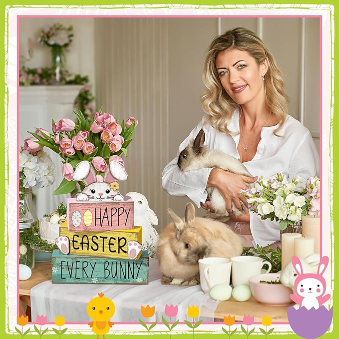 Moucuny 4 Pcs Easter Table Decorations Bunny Tiered Tray Decor Wooden Bunny Block Signs Gifts Happy Easter Centerpiece for Tables Wood Rabbit Tabletop Signs for Kitchen Home Shelf Office DECOR