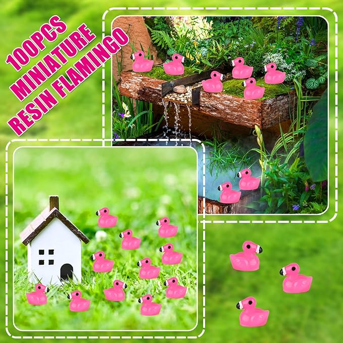 100pcs Mini Flamingo Resin Ducks, Pink Figurine Tiny Animals Set Toy Bulk for Garden Lawn Decor DIY Craft Dollhouse Micro Landscape Fairy Party Gifts