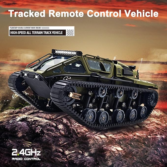Remote Control Tank, 1:16 Scale 2.4GHz All Terrain RC Crawler, 4WD Off-Road Armored Tank, 360° Rotating Drifting Truck Toy Vehicle with Lights, Rechargeable Battery Gifts for Teens