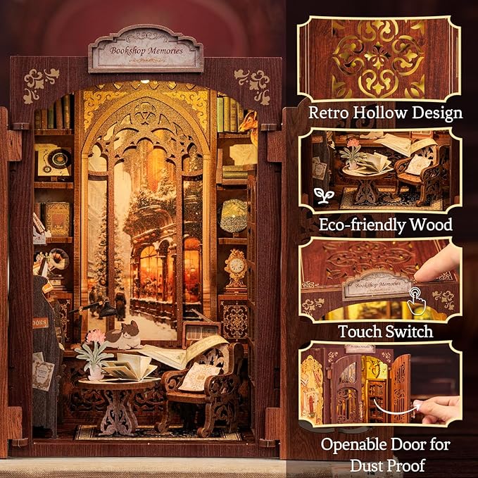 CUTEBEE Book Nook Kit - DIY Miniature House Dollhouse Kit for Adult and Teens, Booknook Bookshelf Decor Alley Model Build with LED Light, Gifts for Family and Friends (Bookshop Memories)