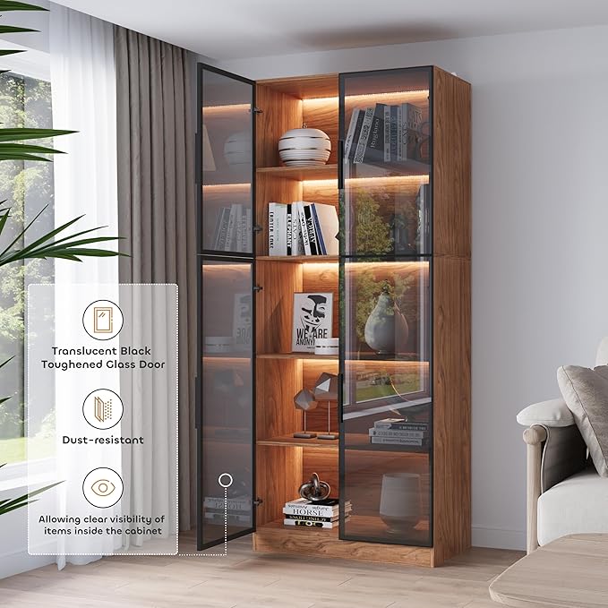 Modern Display Storage Cabinet with LED Lights, Glass Door Tall Showcase with 5-Tier Shelves for Collectibles, Books, Wine, Curio Cabinet for Home Office Living Room Bedroom, Walnut
