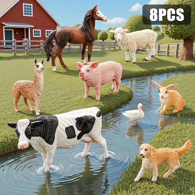 8PCS Farm Animals Toys for Kids Toddlers,Realistic Plastic Farm Animal Figurines Barn Toys with Marwari Horse,Cow,Rabbit,Dog,Sheep,Pig,Alpaca,Goose, Preschool Toy Birthday Gift for Boys Girls