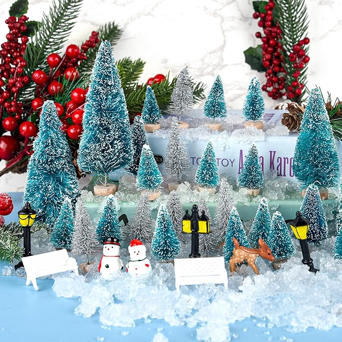 BOUBONI Mini Christmas Tree 35PCS Christmas Village Sets with Crafts Reindeer Snowmen Benches Street Lamp for Xmas Decorations Indoor Party Home Table Craft (Dark Green, Silver)