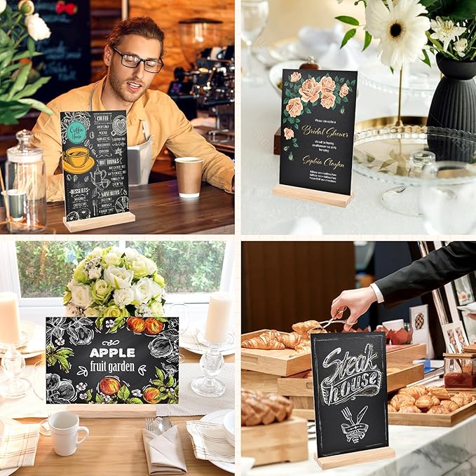 2 Pack 8.1x12 in Chalkboard Signs with Stand for Tables Small Chalk Board Signs Tabletop Message Board Sign with Wood Base for Home Decorations Coffee Shop Restaurant Kitchen Wedding Party