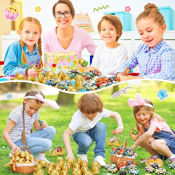 SevenQ Toy Cars Easter Basket Stuffers 24 Pcs, Prefilled Easter Egg Fillers Race Car Party Favors for Kids Birthday Goodie Bag Treasure Box Toys for Classroom Treat Prizes Pinata Egg Hunt Supplies