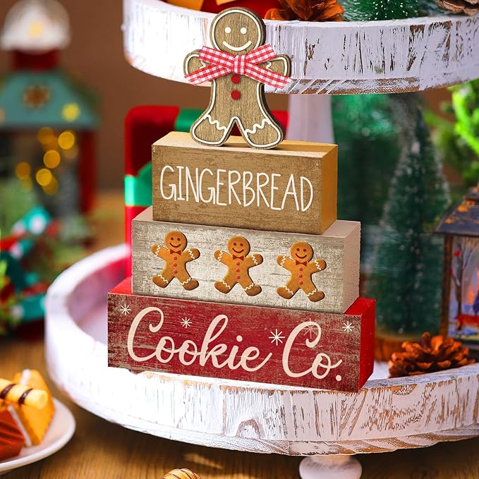 Moucuny 4 Pcs Christmas Table Decor Gingerbread Man Decoration Christmas Centerpiece Winter Tiered Tray Decor Rustic Gingerbread Block Signs Gift Winter Table Decoration for Xmas Party Kitchen Home