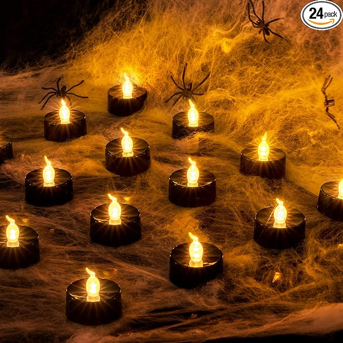 BEICHI Black Candles, 24-Pack Tea Lights Battery Operated, Flameless Fake Candle Flickering, Halloween LED Candle Tea Lights for Fall Holiday Decor, Theme Party, 1.4" D X 1.3''H- Warm White Light