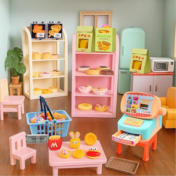 199Pcs Dollhouse Miniature Store Grocery Accessories Mini Shopping Basket 4 Three-Layer Shelves Supermarket Food Drink Bottle Fruit Toy Kitchen Play Game Cash Register Lunch Box