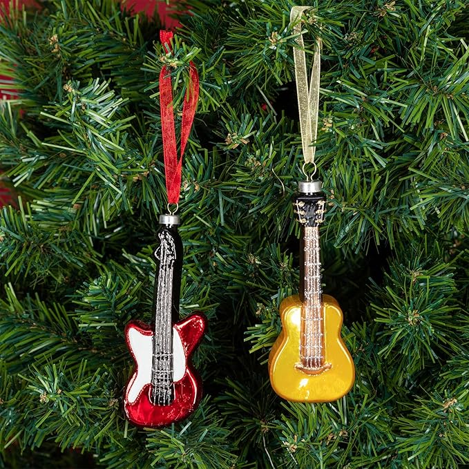 Every Day is Christmas Glass Blown Ornaments Cute Hand Made Figurines Tree Decoration, Set of 2 Guitar