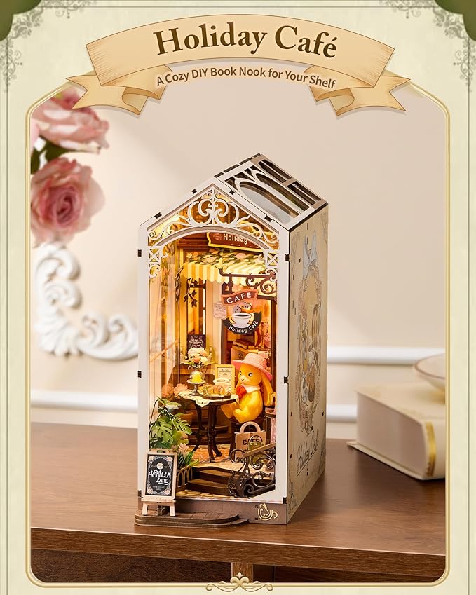 ROBOTIME DIY Book Nook Kit Holiday Café, 3D Wooden Puzzle Miniature Coffee Shop with LED Light, Creative Bookshelf Decor Diorama Kit for Adults, Unique Gift Idea