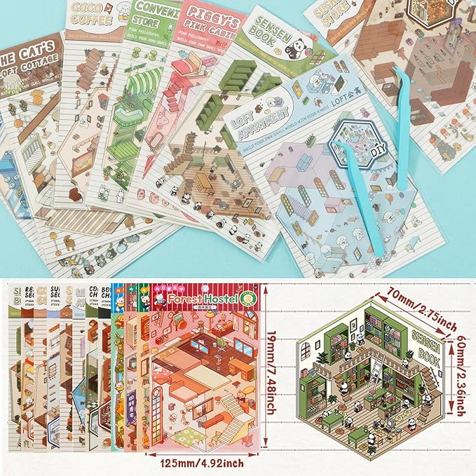 DIY 3D House Stickers, Cartoon 3D Miniature Scene Stickers for Adults Kids to Make Your Own Mini Room Scenes (Set 1)