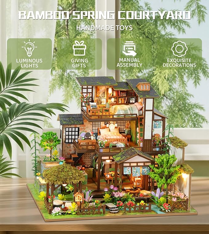 Spilay Miniature Dollhouse Miniature House Kit, DIY Kit Mini Modern Villa Model with Music Box, Best Christmas Birthday Gift.(Bamboo Spring Courtyard)