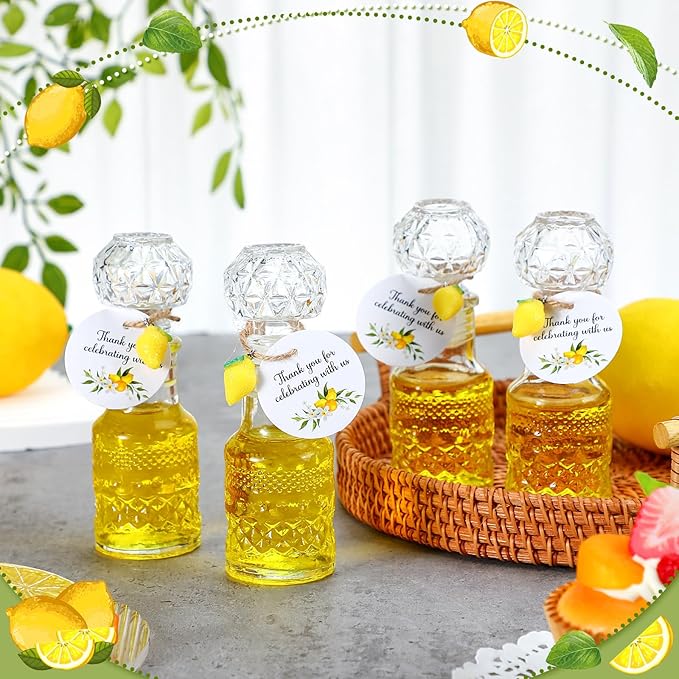 Chuangdi 16 Sets Mini Limoncello Glass Bottles Limoncello Bottles with Labels 1.7 oz Lemon Pendants Lemon Party Favors for Homemade Brewing Wedding Baby Shower Gifts(Delicate)