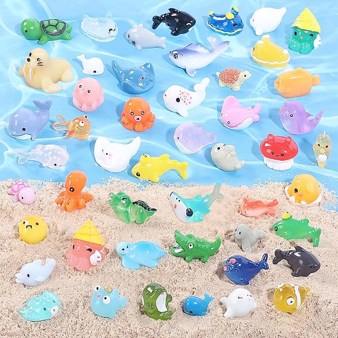 50 Pieces Mini Ocean Resin Animals Tiny Sea Animals Figurines for Cute Fish Tank Decorations Aquarium DIY Miniature Scenes Fairy Garden Dollhouse Birthday Party Favors