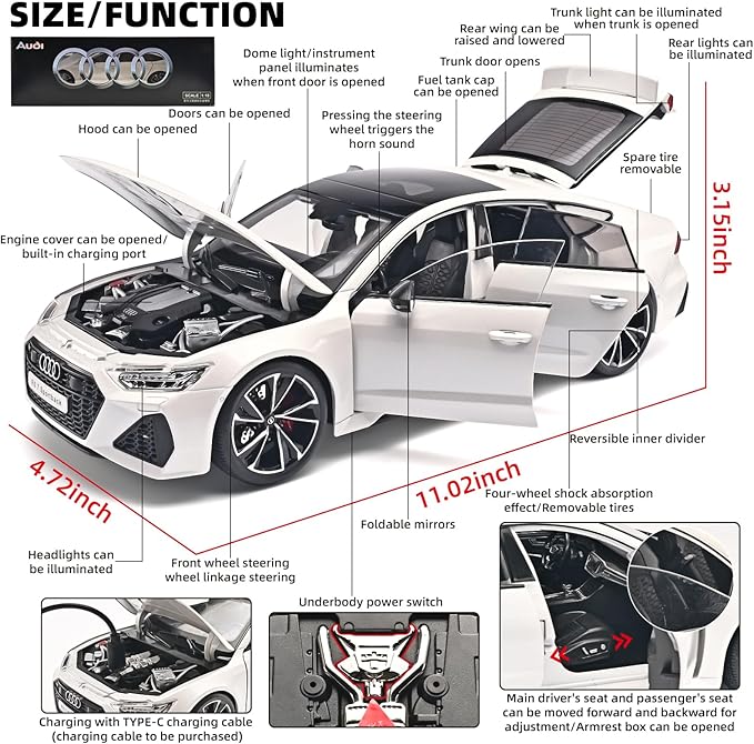 Model Car Kits for Adult 1/18 Diecast Cars Compatible with Audi RS7 Sportback Car Collection,Remote Control Key Version Metal Toy Cars with Lights and Sounds,Toy Cars for Boys Age 4-7（White）