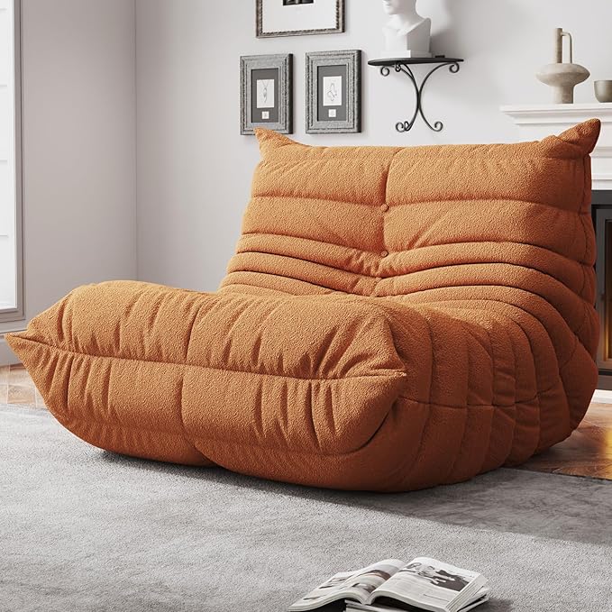 Memory Foam Bean Bag Chair for Adults, Teddy Material Beanbag Sofa with Filler, Cozy Floor Lounge Seat for Living Room, Bedroom, Dorm, Office (Orange)
