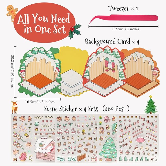 Christmas Scene Sticker DIY Set Include 4 Sticker Kits with Background Card & Tweezer: Winter Xmas Cottage 3D Miniature Room Therapy Gift Creative Play Present for Kids, Adults Stress Relief Pass Time