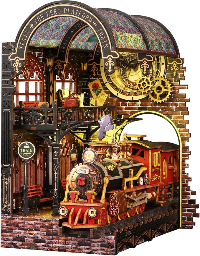 Book Nook Kit - DIY Miniature Dollhouse Booknook Kit with Steam Train, 3D Wooden Puzzle Bookend Bookshelf Insert Decor with LED, DIY Adults Crafts Kit Gifts for Family Friends