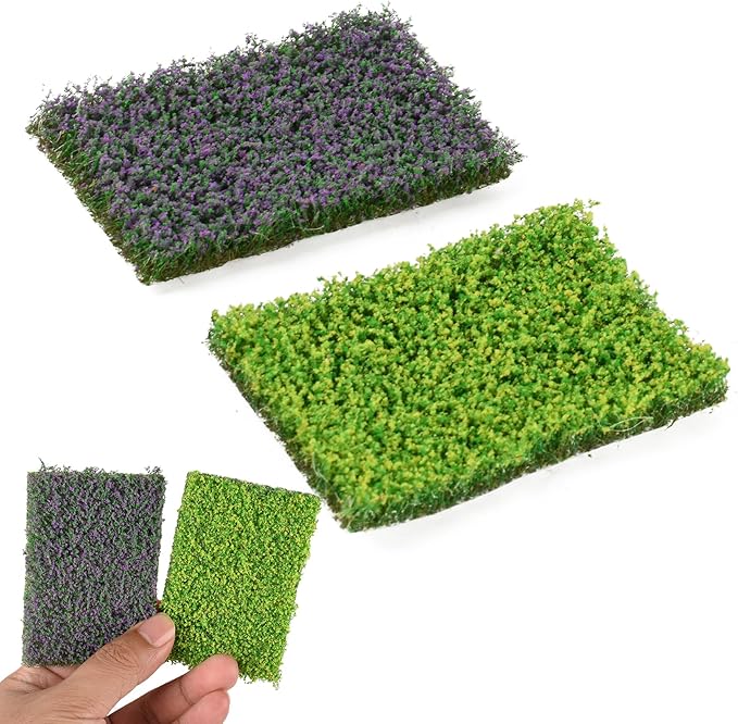 Hagao Mini Flower Cluster Model for Train Landscape Railroad Scenery Sand, Green & Purple, 2PCS