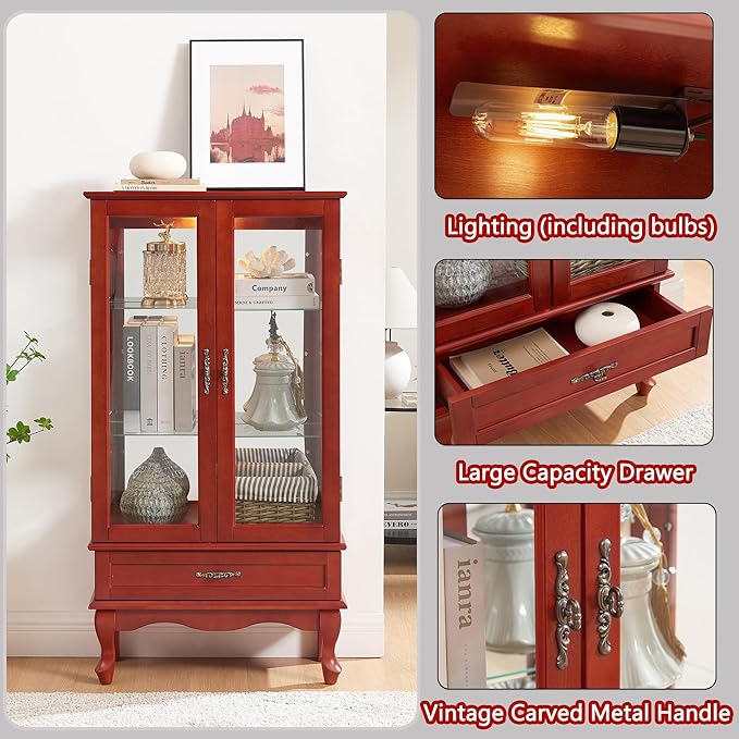 49" H Lighted Curio Display Cabinet with 2 Glass Doors & 1 Drawer, Wooden Curio Showcase w/Adjustable Shelves & Mirrored Back Panel, Wine Storage Cabinet Display Case for Living Room (Cherry)