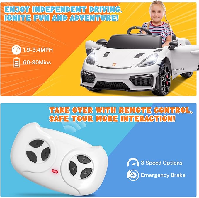 ENYOPRO Licensed Porsche 718 Spyder RS Ride-On Electric Car for Kids with Remote Control, 12v Ride On Toys for Toddlers, Electric Power Vehicle w/Trailer Wheels, Bluetooth/USB/AUX, LED Lights, White