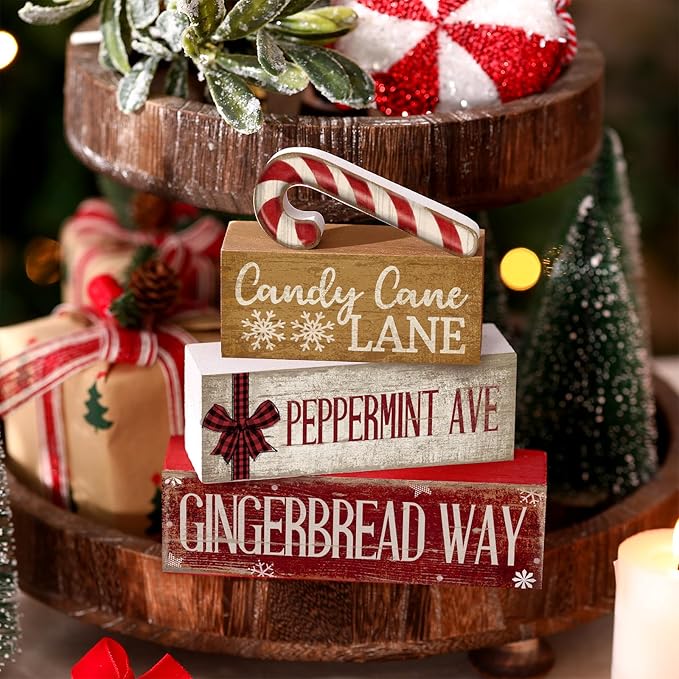 Moucuny 4 Pcs Christmas Table Decor Wooden Candy Cane Decoration Christmas Centerpiece Winter Tiered Tray Decor Red and White Stripes Candy Cane Block Signs Gift Farmhouse Xmas Decoration for Kitchen