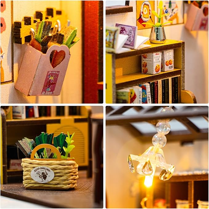 DIY Miniature House Kit, Dollhouse Kit with LED Light, Mini House Building Kits for for Adult to Building, Christmas Home Decorations Gifts for Family and Friends, Kitchen