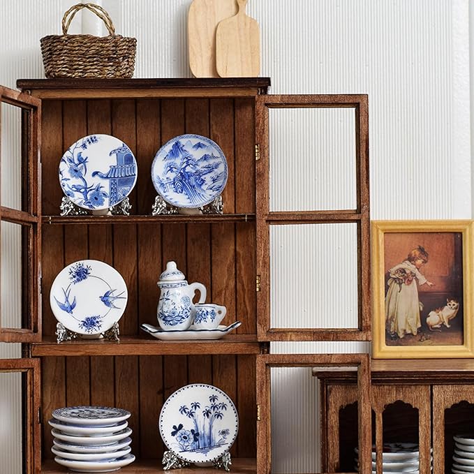 6PCS Handcrafted Miniature Ceramic Plates in 1:12 or 1:6 Scale, Vintage Porcelain Playhouse Dishes (Blue-White C, 4CM)